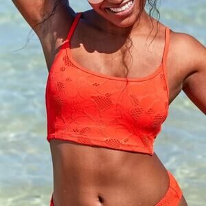Aerie Jacquard Scoop Bikini Top Longline Swim Neon Red Orange Size Medium